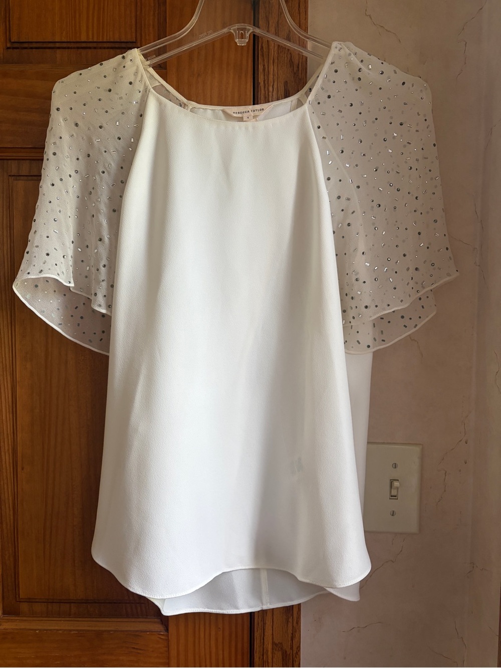 Rebecca Taylor Embellished Crystal/Bead Flutter Sleeve Blouse 4